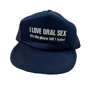 Vintage I Love Oral S*x Trucker Hat Navy Blue Mesh 70s Funny Athletic Headwear